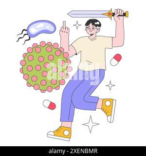 Gesunder erwachsener Mann reflektiert Bakterien und Virus-Angriff mit einem Schwung. Immunität und prophylaktische Idee. Gesundheit und Impfung. Illustration des flachen Vektors Stock Vektor