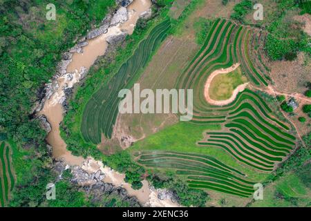 Aus der Vogelperspektive des terrassierten Ackerlandes im Stadtteil Tram Tau in Vietnam; Tram Tau, Tram Tau District, Yen Bai, Vietnam Stockfoto
