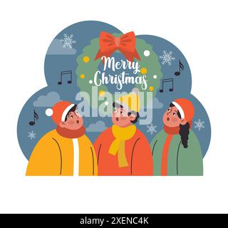Weihnachtsfeier. Fröhliche Familienmitglieder tragen warme Outwear-Weihnachtslieder oder singen Weihnachtslieder. Mutter, Vater und Sohn haben Textbücher. Illustration des flachen Vektors Stock Vektor