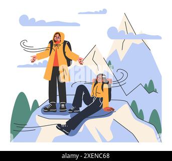 Bergsteigen. Bergsteiger mit Rucksäcken während des Naturabenteuers. Leute, Freunde auf dem schneebedeckten Gipfel. Illustration des flachen Vektors Stock Vektor