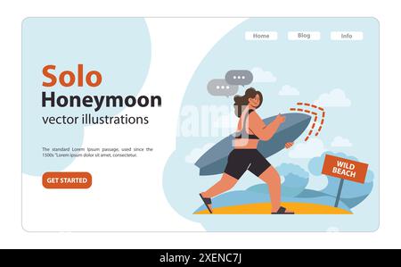 Webbanner oder Landingpage für Alleinreisende oder Flitterwochen im Sommer. Charakter, der Zeit am Strand verbringt. Eine junge Frau im Badeanzug, die ein Surfbrett hält. Illustration des flachen Vektors Stock Vektor