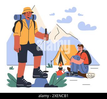 Bergsteigen. Bergsteiger mit Rucksäcken während des Naturabenteuers. Menschen klettern auf Felswänden, sitzen am Lagerfeuer und wandern in den Hügeln. Illustration des flachen Vektors Stock Vektor