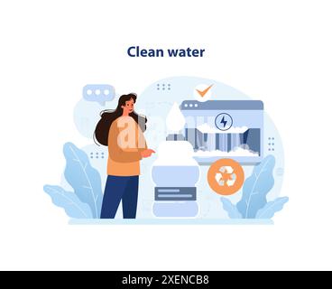 Sauberes Wasser. Frau, die sauberes Wasser auf die Flasche gießt. SDG oder Ziel der nachhaltigen Entwicklung. Umweltschutz, Klima- und Naturschutz. Illustration des flachen Vektors Stock Vektor