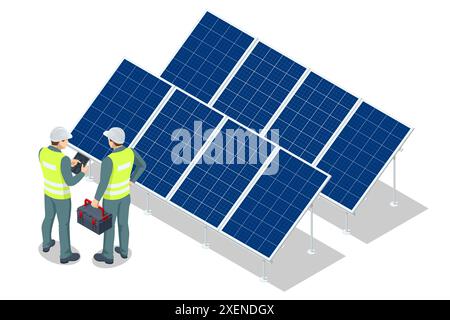 Isometrische Solarenergie, Photovoltaik-Panels, PV-Anlage, Photovoltaik, Solarmodule, ein Solarfeldtechniker untersucht die Effizienz einer Sonne Stock Vektor