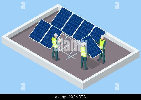 Isometrische Solarenergie, Photovoltaik-Panels, PV-Anlage, Photovoltaik, Solarmodule, ein Solarfeldtechniker untersucht die Effizienz einer Sonne Stock Vektor