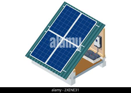 Isometrie Sonnenkollektoren auf dem Dach, eigenständiges System, Hybridsystem, Elektrizität, Solarthermie, Konzept alternativer und erneuerbarer Energien. Stock Vektor
