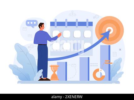 Optimierung von Geschäftsprozessen. Produktiver Mitarbeiter, der Marketing- und Managementdaten analysiert. Leistungsverfolgung, Geschäftsentwicklung und Wachstum. Illustration des flachen Vektors Stock Vektor