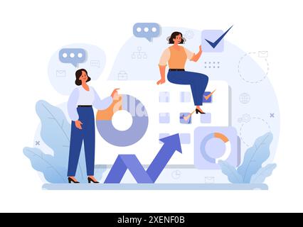 Optimierung von Geschäftsprozessen. Produktiver Mitarbeiter, der Marketing- und Managementdaten analysiert. Leistungsverfolgung, Geschäftsentwicklung und Wachstum. Illustration des flachen Vektors Stock Vektor