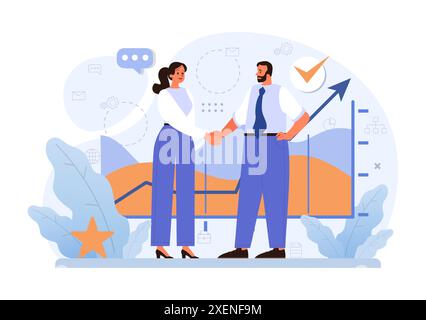 Optimierung von Geschäftsprozessen. Produktiver Mitarbeiter, der Marketing- und Managementdaten analysiert. Leistungsverfolgung, Geschäftsentwicklung und Wachstum. Illustration des flachen Vektors Stock Vektor