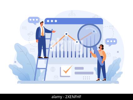 Optimierung von Geschäftsprozessen. Produktiver Mitarbeiter, der Marketing- und Managementdaten analysiert. Leistungsverfolgung, Geschäftsentwicklung und Wachstum. Illustration des flachen Vektors Stock Vektor