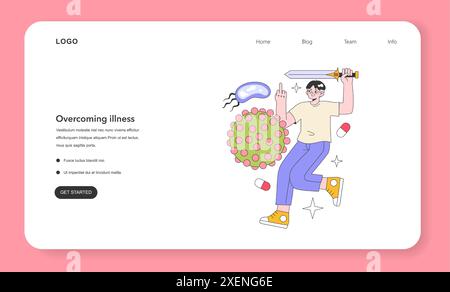 Gesunder erwachsener Mann reflektiert Bakterien und Virus-Angriff mit einem Sward Web-Banner oder Landing-Page. Immunität und prophylaktische Idee. Gesundheit und Impfung. Illustration des flachen Vektors Stock Vektor