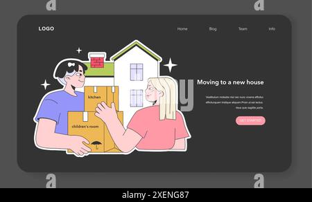 Junge Paare, die zu einem neuen Nachtmoden- oder Darkmode-Webbanner oder einer Landing-Page wechseln. Glückliche Liebhaber, Mann und Frau mit ihren Sachen in Pappkartons. Familienumzug. Illustration des flachen Vektors Stock Vektor