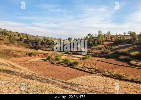 Ländliche Szene in Myanmar bei Kalaw. Diese Gegend ist beliebt bei touristischen Wanderungen, bei denen Besucher aus Übersee die ländliche Landschaft von Myanmar (Burm Stockfoto