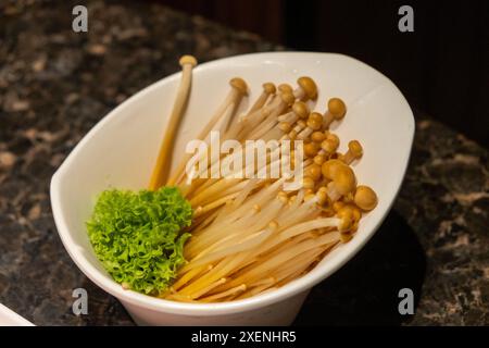 Goldener Nadelpilz, serviert in einer Schüssel Stockfoto