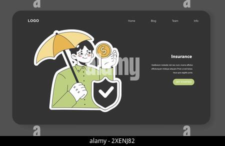 Internet-Banner oder Landing-Page für Finanzkompetenz im Nachtmodus oder im Dunkelmodus. Junger Mann mit persönlicher Versicherung. Idee der Sicherheit und des Schutzes von Leben und Gesundheit. Illustration des flachen Vektors Stock Vektor