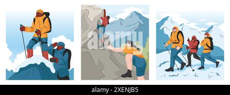 Bergsteigen Set. Bergsteiger mit Rucksäcken während des Naturabenteuers. Menschen klettern auf Felswänden, sitzen am Lagerfeuer und wandern in den Hügeln. Illustration des flachen Vektors Stock Vektor