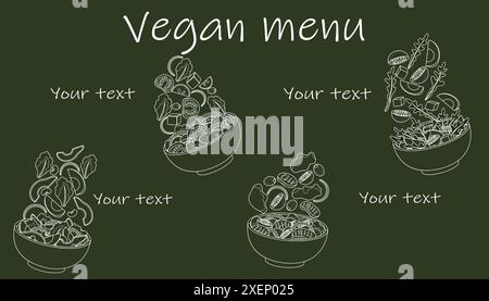 Gesunder Salat. Veganes Menü. Diätkost. Linienzeichnung an der Schwarzen Tafel. Schüssel mit Gemüsescheiben. Vegetarische Speisen. Fallende Rucolablätter und Tomatenstücke. Vector Restaurant Tafelbanner Stock Vektor