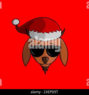 weihnachtsziege-Zeichentrickfilm mit weihnachtsmann-Kappe-Logo auf isoliertem Hintergrund Stock Vektor