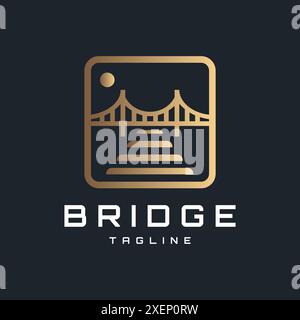 Golden Bridge Logo mit modernem und elegantem Rahmen. Dieses Logo besteht aus einer Abbildung einer Brücke, die zwei Seiten verbindet. Dunkler Hintergrund Stock Vektor