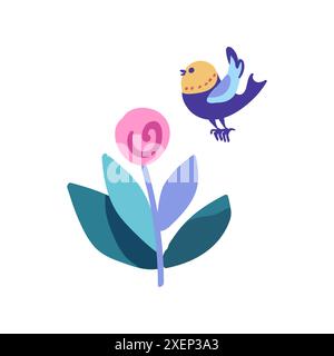 Minimalistische Grafik mit einem Zweig mit einer rosa Blume und einem Vogel. Einfaches und elegantes Design für verschiedene dekorative Zwecke Stock Vektor