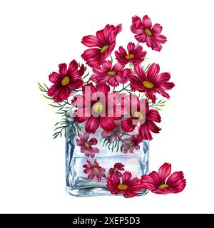 Vase aus klarem Vintage-Glas mit einem Blumenstrauß aus roten und violetten Kosmos. Aquarellillustration für Designvorlagen zum Muttertag, Valentinstag da Stockfoto
