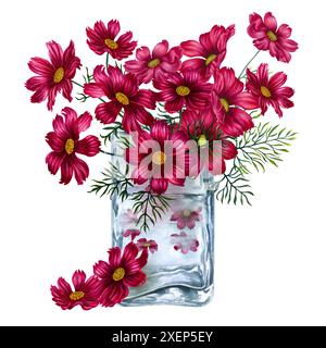 Vase aus klarem Vintage-Glas mit einem Blumenstrauß aus roten und violetten Kosmos. Aquarellillustration für Designvorlagen zum Muttertag, Valentinstag da Stockfoto