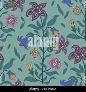 Nahtloses Blumenmuster auf blauem Hintergrund. Mischung aus blühenden Blüten und Knospen mit komplizierten, dekorativen Details. Stock Vektor