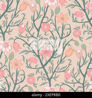 Nahtloses Blumenmuster mit hellbeigem Hintergrund. Stilisierte Tulpenblüten in sanften Pastelltönen. Stock Vektor