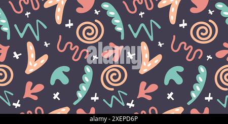 Farbenfrohes, nahtloses Doodle-Muster mit schlichten Formen. Handgezeichneter minimalistischer Stil auf dunklem Hintergrund. Stock Vektor