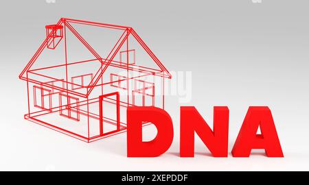 Luxuriöse rote Inschrift DNA auf grauem Podium, weiches Licht, glatter Hintergrund, 3D-Rendering-Illustration Stockfoto