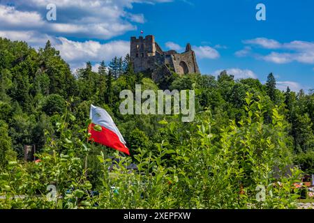 Restaurierte Ruinen der Burg in Czorsztyn am See, Touristenattraktion, Instagram-Platz in Polen Stockfoto