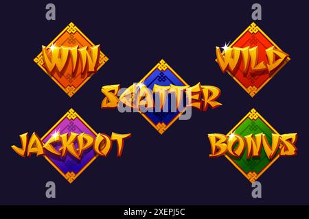 Satz von Slot Word - Gewinn, Streuung, Jokersymbole, Bonus und Jackpot auf farbigem Rahmen. Symbole im chinesischen Stil für 2D-Spiele und Casino oder Slots. Stock Vektor