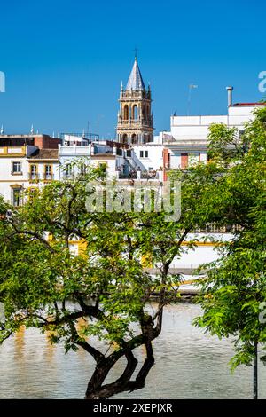 Malerischer Blick auf Triana und den Fluss Guadalquivir, Sevilla, Andalusien, Spanien Stockfoto