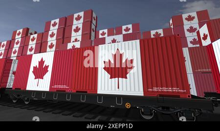 Kanada exportiert die Produktion und importiert Container auf Güterwagen. Das Geschäftskonzept des Bahnverkehrs und der Schifffahrt mit kanadischer Flagge 3D i Stockfoto