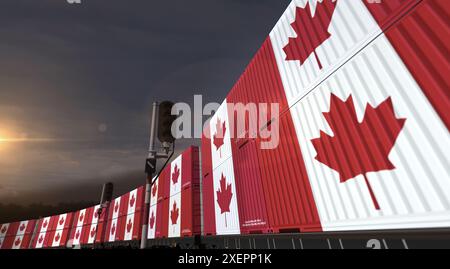 Kanada exportiert die Produktion und importiert Container auf Güterwagen. Das Geschäftskonzept des Bahnverkehrs und der Schifffahrt mit kanadischer Flagge 3D i Stockfoto