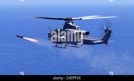 US Marine Corps AH-1Z Angriffshubschrauber-Piloten mit Marine Medium Tiltrotor Squadron 262 (rein.), 31. Marine Expeditionary Unit, feuern eine AGM-179 Jo ab Stockfoto