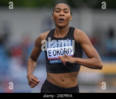 E Okoro die Heimgerade während der Microplus UK Leichtathletik Championships Tag 1 in der Manchester Regional Arena, Manchester, Großbritannien, 29. Juni 2024 (Foto: Craig Thomas/News Images) Stockfoto