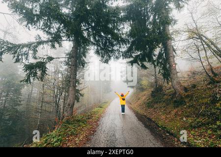 Allein im nebeligen Wald wandert eine junge Frau auf einem nebeligen Gehweg und nimmt das herbstliche Abenteuer inmitten von vergilbten Bäumen im Nationalpark wahr. Stockfoto