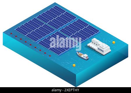 Isometrische Sonnenkollektoren oder Solarzellen auf einer Boje, die in einem See, Meer oder Ozean schwimmt. Ein Kraftwerk, das Sonnenlicht als erneuerbare Energiequelle nutzt Stock Vektor