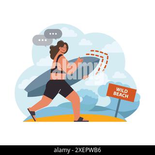Alleinreisende oder Hochzeitsreise im Sommer. Charakter, der Zeit am Strand verbringt. Eine junge Frau, die ein Surfbrett hält. Frau im Badeanzug, die Zeit an der Küste verbringt. Illustration des flachen Vektors Stock Vektor