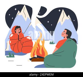 Bergsteigen. Bergsteiger mit Rucksäcken während des Naturabenteuers. Menschen klettern auf Felswänden, sitzen am Lagerfeuer und wandern in den Hügeln. Illustration des flachen Vektors Stock Vektor