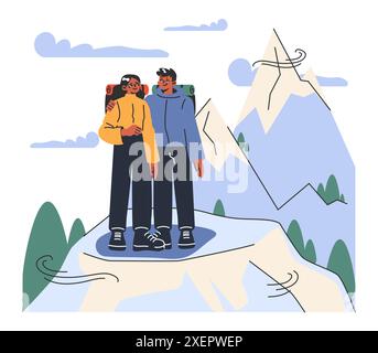 Bergsteigen. Bergsteiger mit Rucksäcken während des Naturabenteuers. Leute, Freunde auf dem schneebedeckten Gipfel. Illustration des flachen Vektors Stock Vektor