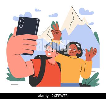 Bergsteigen. Bergsteiger mit Rucksäcken während des Naturabenteuers. Leute, Freunde mit Wanderausrüstung, die Fotos in verschneiten Hügeln machen. Illustration des flachen Vektors Stock Vektor