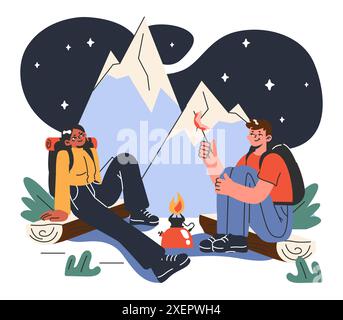 Bergsteigen. Bergsteiger mit Rucksäcken während des Naturabenteuers. Menschen klettern auf Felswänden, sitzen am Lagerfeuer und wandern in den Hügeln. Illustration des flachen Vektors Stock Vektor