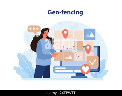 Geofencing. Lokale SEO-Optimierung. Lokale Suchergebnisse. Browserwerbung basierend auf Gebiet. Geolokationsstift, Positionspunkt. Globale Kommunikation, Inhalte und Feedback. Illustration des flachen Vektors Stock Vektor