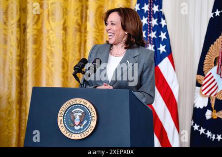 Washington D.C., USA - 26. Juni 2023: Kamala Harris hält Bemerkungen, macht eine offizielle Erklärung oder Ankündigung Stockfoto