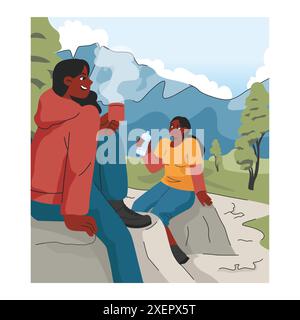 Bergsteigen. Bergsteiger mit Rucksäcken während des Naturabenteuers. Menschen klettern auf Felswänden, sitzen am Lagerfeuer und wandern in den Hügeln. Illustration des flachen Vektors Stock Vektor