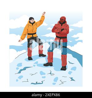 Bergsteigen. Bergsteiger mit Rucksäcken während des Naturabenteuers. Leute, Freunde auf dem schneebedeckten Gipfel. Illustration des flachen Vektors Stock Vektor