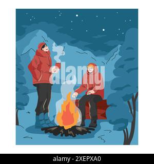 Bergsteigen. Bergsteiger mit Rucksäcken während des Naturabenteuers. Menschen klettern auf Felswänden, sitzen am Lagerfeuer und wandern in den Hügeln. Illustration des flachen Vektors Stock Vektor