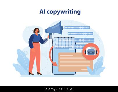 KI-Copywriting. Neuronales Netzwerk, das Text für die Unternehmensförderung schreibt. Automatisierte Post, artikel oder Publikationen. Selbstlernendes Computersystem, das Text generiert. Illustration des flachen Vektors Stock Vektor